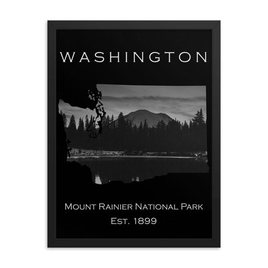 Mount Rainier - Black - Black and White Framed