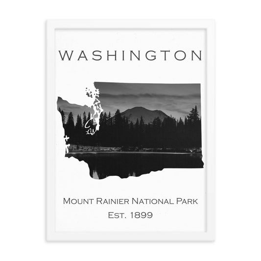 Mount Rainier - White - Black and White - Framed