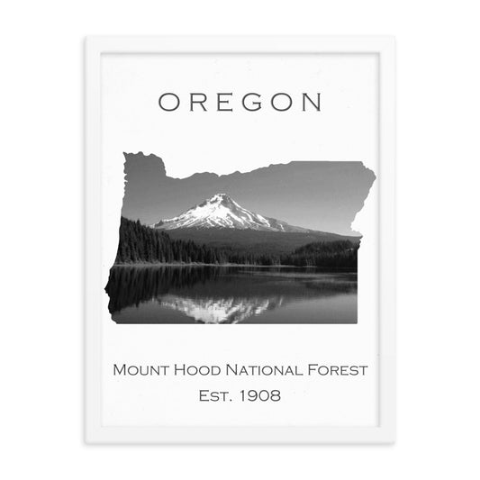 Mount Hood National Forest - White - Black and White - Framed